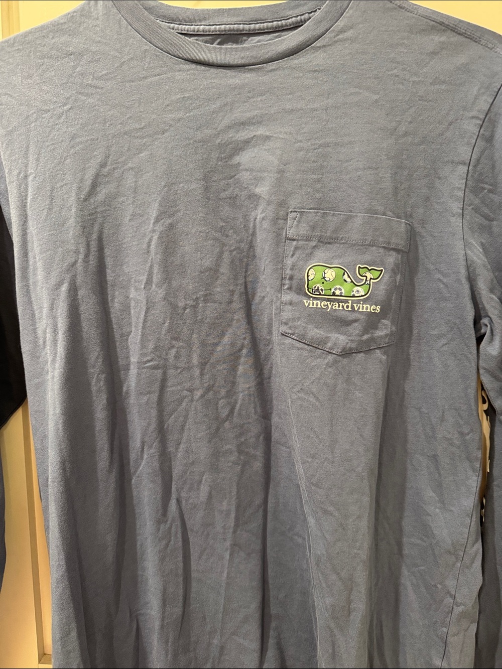 Vineyard Vines Slate Blue soccer ball whale long-Sleeve Pocket Tee